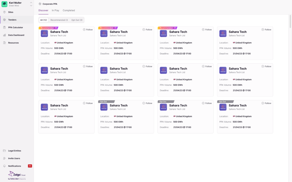 Zeigo Power Digital Tendering Software | Zeigo Sustainability Software Ppa tender view for renewable energy developers