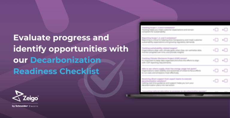 Decarbonization readiness checklist with purple background and computer screen with blurred checklist